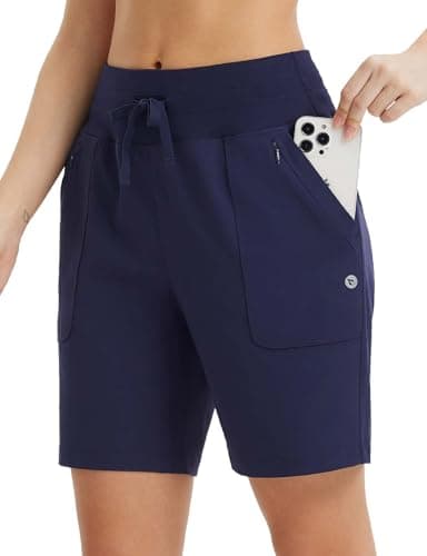 baleaf Women's 7" Athletic Running Shorts Long Workout Shorts High Waisted Quick Dry 4 Zipper Pockets UPF50+ Navy Blue L - Image 1