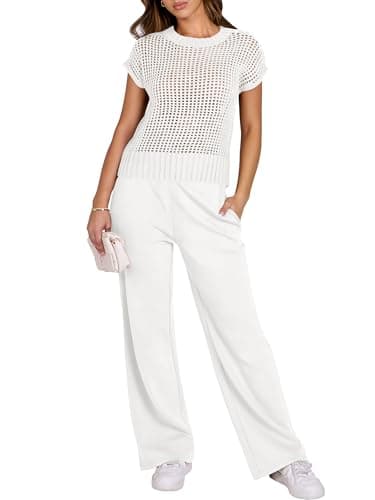 ANRABESS Women Two Piece Outfits Crochet Sheer Knit Sweater Top Wide Leg Pants Lounge Matching Sets Sweatsuit Travel Clothes White Large - Image 2