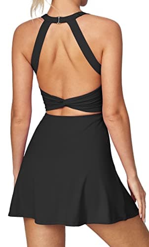 Heathyoga Tennis Dress with Built in Shorts and Bra Athletic Dress for Women Summer Cut Out Twisted Golf Workout Dress Black - Image 1