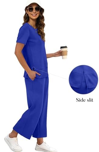XIEERDUO Summer Sweatsuit for Women Two Piece Summer Outfits 2 Pc Lounge Set Spring Short Sleeve Tracksuit Wide Leg Loungewear Vacation Clothes Women's Track Suit Blue XL - Image 2