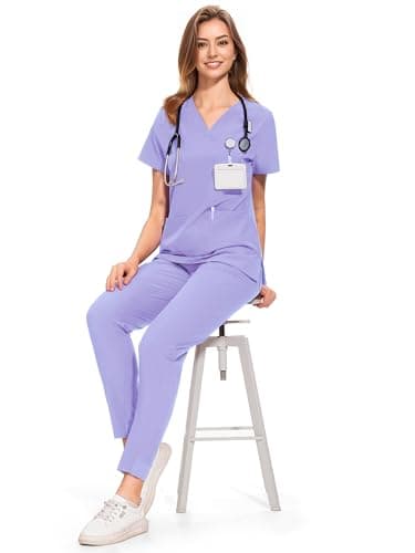 COZYFIT Medical Scrubs for Women Set - Curved V-Neck Scrub Top & Jogger Pants with 8 Pockets - Light Purple, S - Image 6