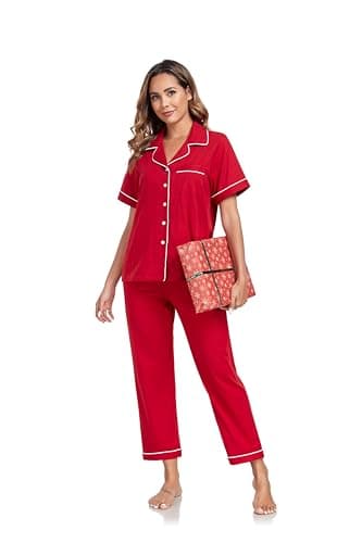 COLORFULLEAF Women's 100% Cotton Pajamas Set Button Down Sleepwear Short Sleeve Shirt and Long Pants Soft Ladies Lounge Sets(Cherry,XL) - Image 3