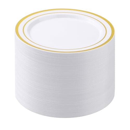 BESTSTAR 100PCS White Plastic Plates for Party, 10.25 Inch Disposable Plates with Gold Rim, Heavy Duty Dinner Plates for Christmas, Thanksgiving, Party, Wedding and Birthday - Image 1