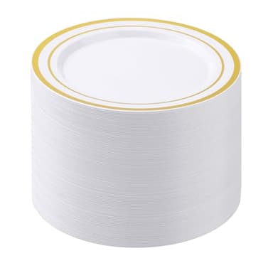 BESTSTAR 100PCS White Plastic Plates for Party, 10.25 Inch Disposable Plates with Gold Rim, Heavy Duty Dinner Plates for Christmas, Thanksgiving, Party, Wedding and Birthday - Image 1