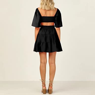 Shy Velvet Women's Summer Dress Square Neck Short Sleeves Crossover Waist Casual Party Mini Dress Black - Image 4