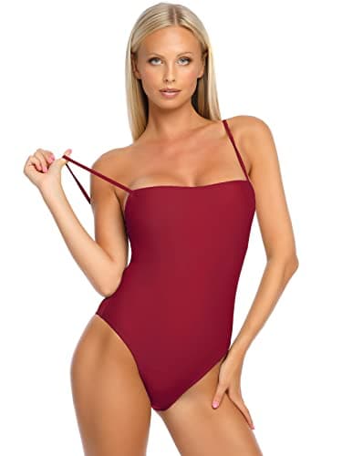 RELLECIGA Women's Wine Red High Cut Bandeau One Piece Swimsuits with Adjustable Shoulder Straps Size Small - Image 2