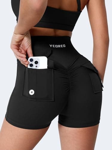 YEOREO CoreFlex Scrunch Workout Shorts with Pockets Charm Gym Biker Shorts for Women High Waisted Booty Yoga Black - Image 3