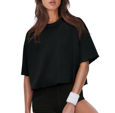 Summer Tops for Women Short Sleeve Round Neck Cotton Shirts Basic Workout Sports Crop Tops Black L - Image 2