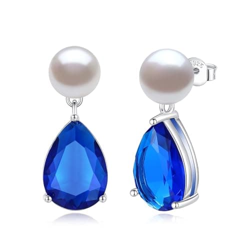 YAMI Pearl Earrings for Women, 925 Sterling Silver Birthstone Teardrop Stud Dangle Earrings, Created Sapphire Pear Shaped Zircon Gem Drop Earrings, 8-8.5MM Freshwater Cultured Pearl Jewelry - Image 1