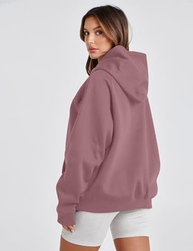 Lauweion Women Solid Basic Fleece Letter Loose Hoodie Sweatshirt Long Sleeve Kangaroo Pocket Drop Shoulder Pullovers Top Light Brown - Image 3