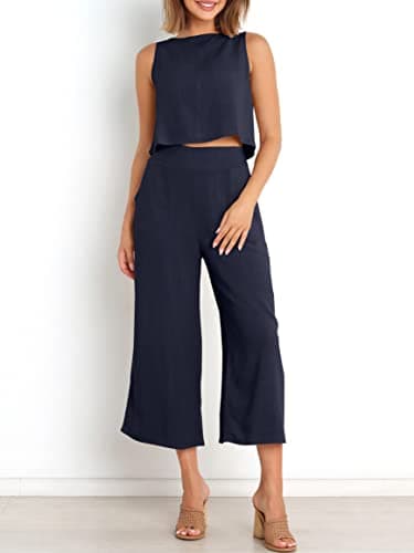 ANRABESS Women's Summer 2 Piece Outfits Sleeveless Crop Top Capri Wide Leg Pants Jumpsuit Casual Linen Lounge Matching Sets Beach Travel 2025 Trendy Clothes Navy Blue Large - Image 4