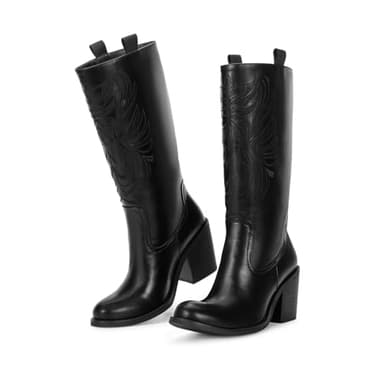 wetkiss Black Cowboy Boots for Women Wide Mid Calf Western Cowgirl Chunky Boots Round Toe Pull On Casual Holiday Party Daily Shoes - Image 1