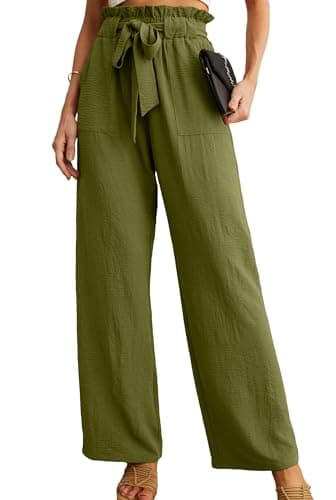 IWOLLENCE Women's Wide Leg Pants with Pockets High Waist Adjustable Knot Loose Casual Trousers Business Work Casual Pants Army Green Large - Image 1
