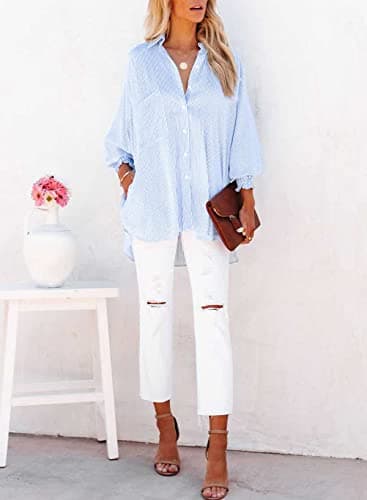 Womens Smocked Cuffed Striped Boyfriend Shirt Casual Collar Long Sleeve Oversized Button Down Blouse Tops with Pocket Shirred Blue - Image 4