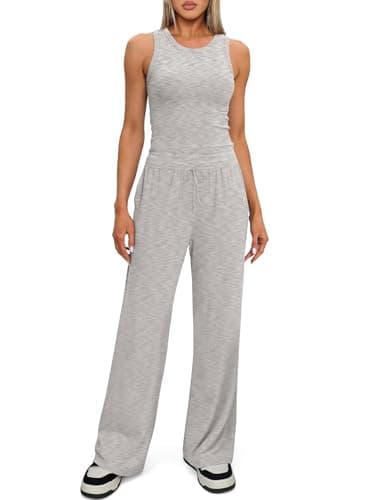 Darong Women's Two Piece Outfit Crew Neck Tank Top with Drawstring Long Wide Leg Pants Tracksuit Lounge Set 9054B Light Grey S - Image 4