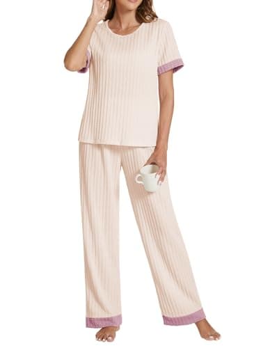 POKWAI 2024 Womens Pajama Sets Short Sleeve Top with Pants Soft Pj Women Pajamas Summer Pajamas for Women(Apricot,Large) - Image 1