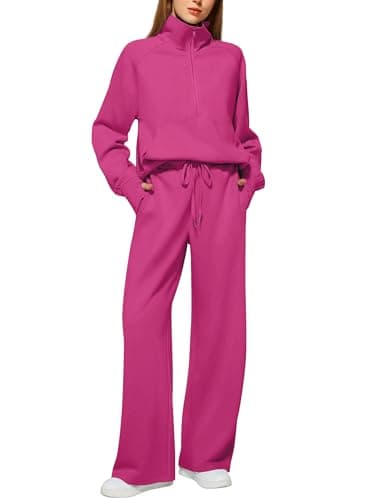 Casly Lamiit Fall Two Piece Sets for Women Airport Attire Wide Leg Sweatpants Lounge Elegant Matching Cute Travel Outfits for Long Flights Rose Red L - Image 1