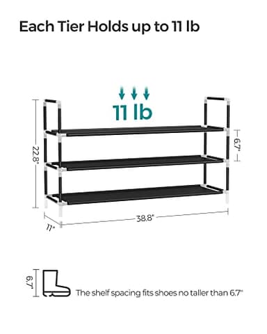 SONGMICS 3-Tier Shoe Rack, Shoe Storage for Hallway Closet, Slim and Space-Saving, Metal Frame, Non-Woven Fabric Shelves, Black ULSH053B01 - Image 3