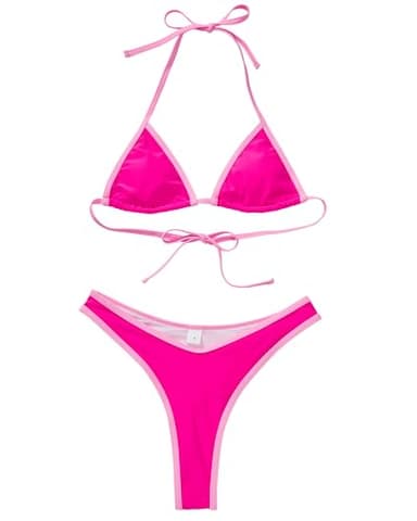 SUUKSESS Women Sexy Thong String Two Piece Bikini Sets Triangle Cheeky Halter Swimsuits Color Block Bathing Suits(Pink Color Block,M) - Image 5
