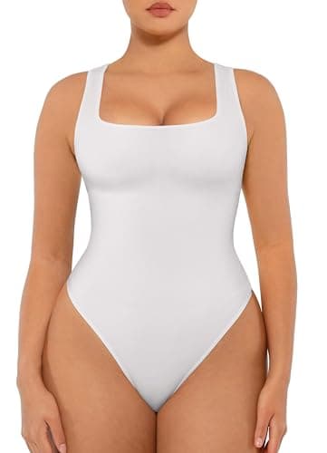 FeelinGirl Body Suits for Womens Tummy Control Bodysuit Square Neck Compression Bodysuit Thong Shapewear Bodysuit White XL/XXL - Image 1