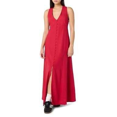 The Drop Women’s Blanca Linen Button Front V-Neck Maxi Dress, Crimson, S - Image 1