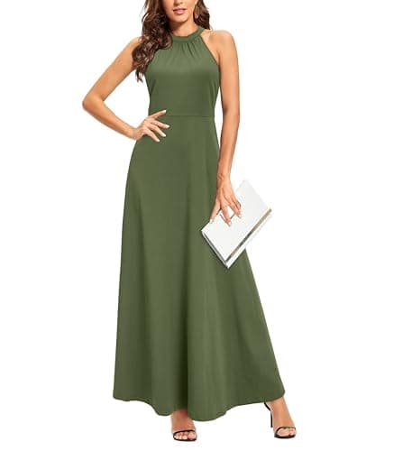 STYLEWORD Women's Summer Halter Neck Long Formal Dress Sexy Sleeveless Cocktail Evening Party Wedding Guest Maxi Dresses(Army Green,L) - Image 1