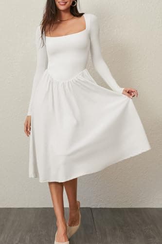 CHYRII Womens White Dress Spring Fashion 2025 Square Neck Long Sleeve Casual A-Line Midi Dress S - Image 6