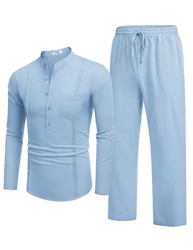 COOFANDY Men 2 Piece Linen Outfit Casual Button Down Henley Shirts Beach Yoga Pants Sets Guayabera Linen Suit - Image 7