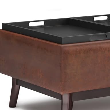 SIMPLIHOME Owen 34 inch Wide Mid Century Modern Rectangle Tray Top Small Coffee Table Storage Ottoman in Distressed Saddle Brown Vegan Faux Leather, Assembled, For the Living Room and Entryway - Image 8
