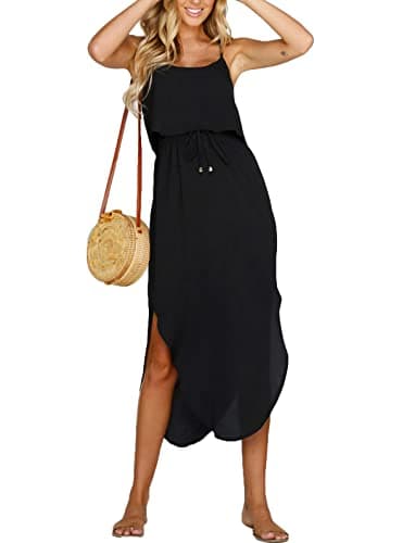 NERLEROLIAN Women's Adjustable Strappy Split Summer Beach Casual Midi Dress Black - Image 1