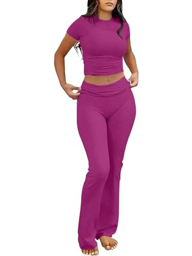 ANRABESS Lounge Sets for Women 2 Piece Foldover Yoga Flare Leggings Pants Crop Tops Casual Y2K Outfits Matching Tracksuit Set Hot Pink Small - Image 1