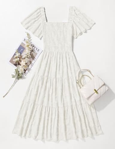 ZESICA Women's Summer Boho Floral Midi Dresses 2025 Casual Short Sleeve Square Neck Flowy Beach Vacation Long Dress,White,Medium - Image 6