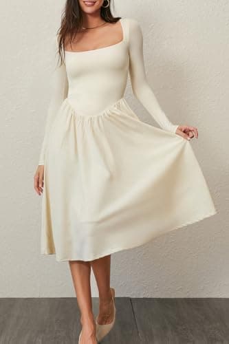 CHYRII Womens Spring Fashion 2025 Square Neck Long Sleeve Casual A-Line Midi Dress Beige XXL - Image 4
