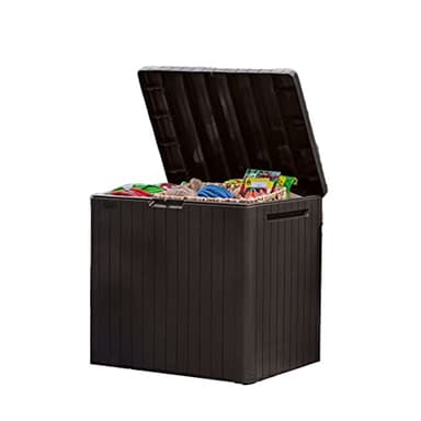 Keter City 30 Gallon Resin Outdoor Storage Box and Patio Furniture Side Table for Pool and Garden Accessories, Brown - Image 1