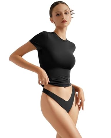 SUUKSESS Women Double Lined Fitted Basic Tee Shirts Crew Neck Short Sleeve Y2K Going Out Crop Tops (Jet Black, S) - Image 2