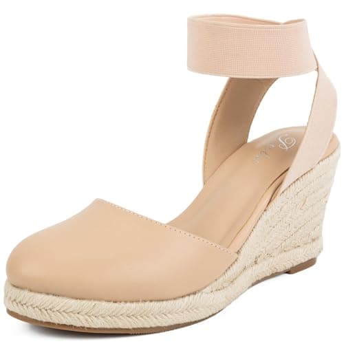 Putu Espadrilles Wedges for Women Closed Toe Wedge Sandals Elastic Ankle Strap Wedge Shoes Nude Size 10 - Image 1