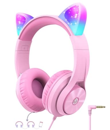 iClever Kids Headphones with Cat Ear Led Light Up, Safe Volume Limite, FunShare, Foldable, Over-Ear Headphones for Kids for School/iPad/Tablet/Travel, Meow Donut-Pink - Image 1