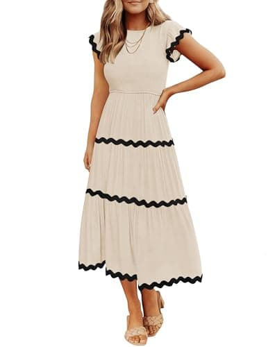 ZESICA Women's Summer Flutter Short Sleeve Smocked Midi Dress Casual High Waist Rickrack Tiered Flowy Dresses,Apricot,Medium - Image 1