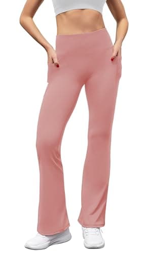 SEAJOJO Women's High Waist Flare Yoga Pants Tummy Control Casual Bootcut Leggings with Side Pockets Pink - Image 3