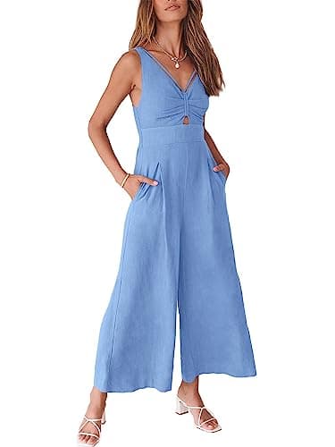 ANRABESS Women's Jumpsuits Summer Wide Leg Sleeveless V Neck Casual Dressy Linen Pants Rompers 2025 Vacation Beach Outfits Sky Blue Small - Image 1