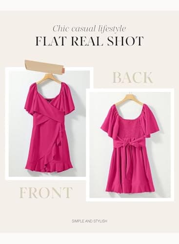 Dokotoo Womens Summer Wrap V Neck Short Flared Sleeve Smocked Elastic Waist Tiered Belted Ruffle Hem Mini Dress Graduation Dress Rose Red M - Image 4