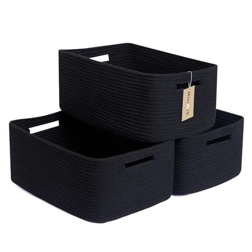 MiniArk Large Storage Baskets for Shelves, Closet Organizers Bins for Clothes Blanket Towels, Baby Nursery, Toy Baskets Box, Woven Rope Baskets, 17 x 13 x 7.5”, 3 Packs Black - Image 1