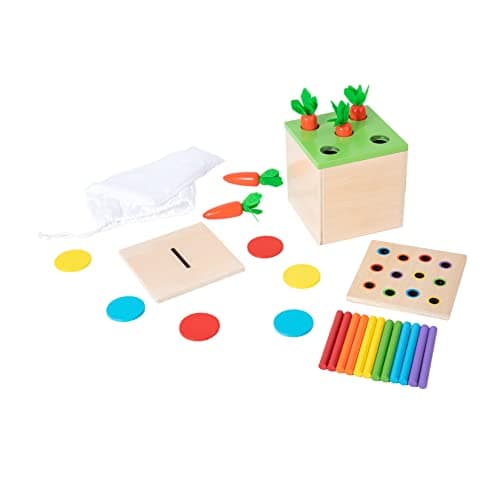 Adena Montessori 3 for 1 Wooden Montessori Play Kit Baby Toys,includes Matchstick Color Drop Game,Carrot Harvest Game and Coin Box,Learning Toy for Kid 1,2,3 Year Old,Girl Boy Gift for Baby 6-12 Month - Image 1