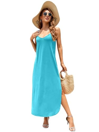 HUSKARY Spaghetti Strap Maxi Dresses for Women 2025 Summer Beach Cover Up Casual V Neck Sleeveless Long Cami Dress with Pockets and Split - Image 4