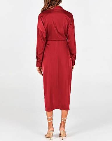BTFBM Maxi Dresses for Women Fall 2025 Long Sleeve Lapel Neck Button Down Elegant Satin Belted Ruched Summer Shirt Dress(Red, Large) - Image 6
