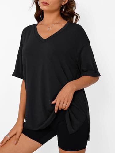 Trendy Queen Oversized Tshirts for Women Workout Plus Size Tops V Neck Short Sleeve Tunic Side Slit Outing T Shirts 2025 Spring Summer Casual Clothes Loose Fit Basic Tees Beach Vacation Black XL - Image 3
