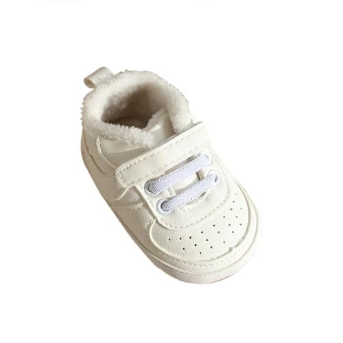 Clowora Unsex Baby Shoes Boys Girls Infant Sneakers Non-Slip Soft Rubber Sole Toddler Crib First Walker Lightweight Shoes (A02/White with Fleece,6-12 Months) - Image 1