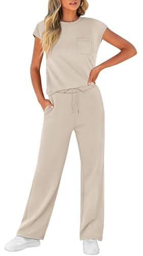 WIHOLL Vacation Outfits for Women 2 Piece Sets Crew Neck Summer Lounge Set Womens Loungewear Cruise Airport Outfits Beach Vacation Clothes Wide Leg Pants Resort Comfy Sets for Women Clothing Beige L - Image 3