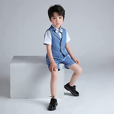 LOLANTA Big Boys 4PCs Waistcoat Slim fit Suit, Birthday Party Outfits, Vest, Shirt, Shorts, Bow Tie Formal Occasions(11-12 Years, Blue) - Image 3