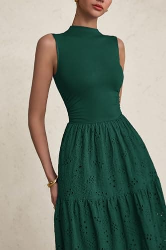 PRETTYGARDEN Summer Dresses for Women 2025 Casual Eyelet Sleeveless Wedding Guest Maxi Dress Tank Top Sundress with Pockets (Dark Green,Large) - Image 6